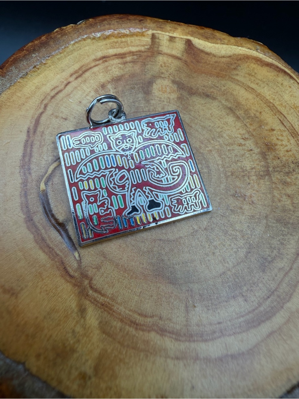 4.5g Sterling Silver w Red Enamel Petroglyph Square Charm/ Pendant - Vintage